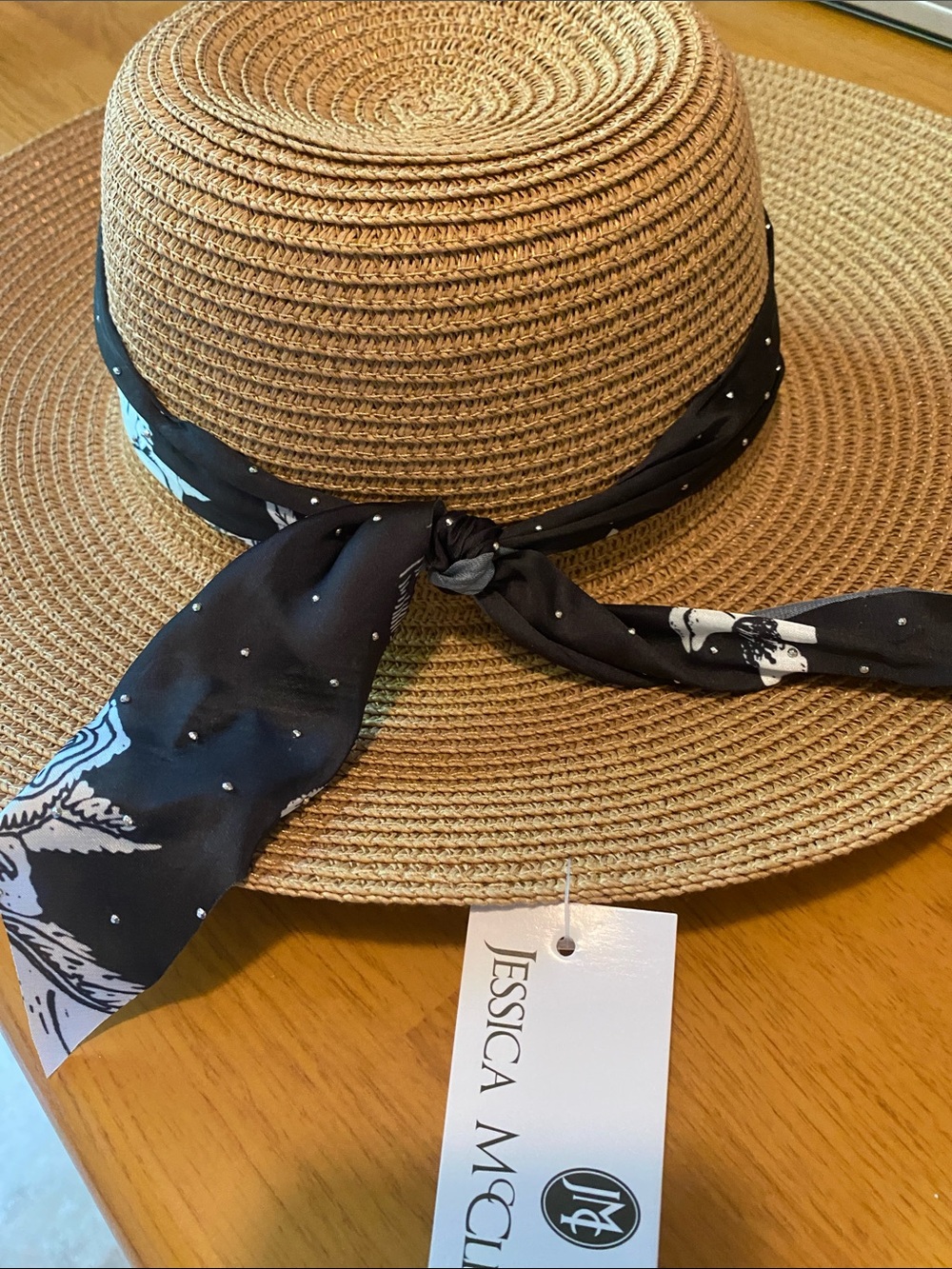 Jessica McClintock Tan Straw Wide-Brim Hat with Black Scarf Tie